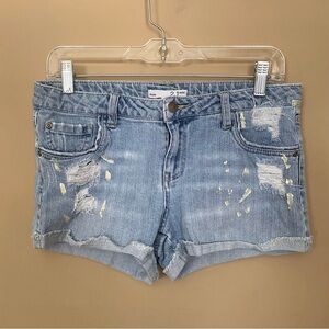 2.1 Denim Distressed Paint Splatter Cuffed Light Wash Jean Shorts